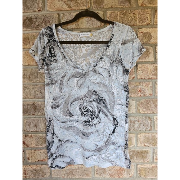 ALK Women's M Calvin Klein Sheer Rose Themed Studded SS V-Neck tee T-Shirt Top - Picture 2 of 6